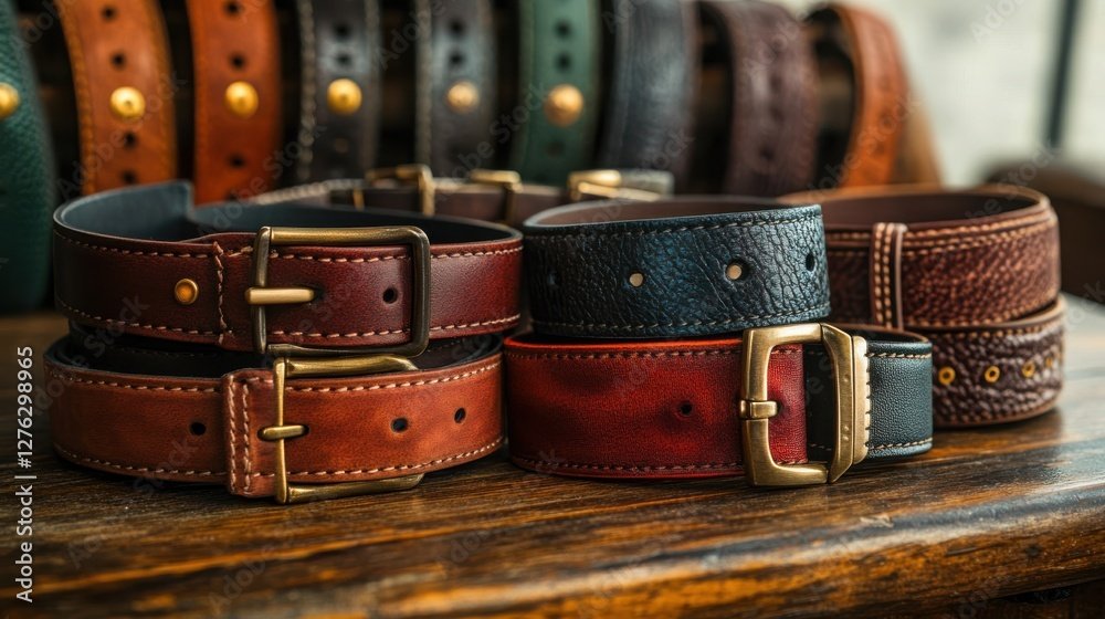 An image of different belts displayed on a rustic wooden table, highlighting material quality and buckle designs.