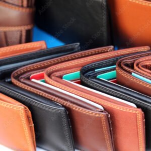 handcrafted leather wallets for sale in a stand of the italian m